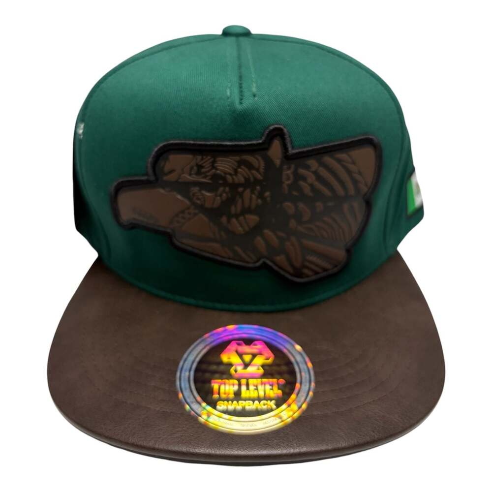 Top Level Mexican Eagle Graphic Snapback Cap with Faux Leather Brim